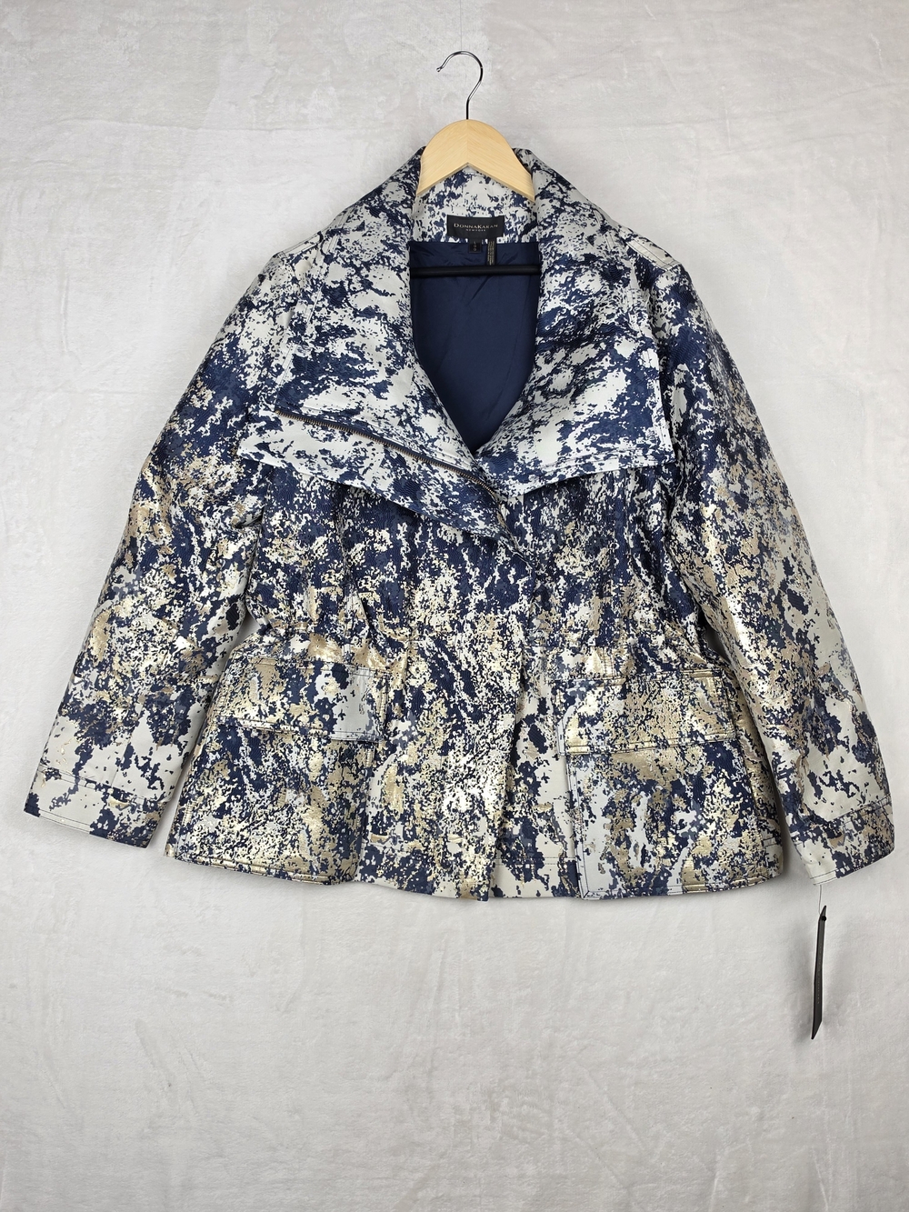 Donna Karan New York Metallic Jacquard Jacket Womens L Blue Gold NWT D5ICQ104